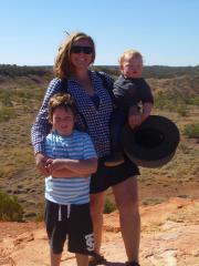 Lucy with her two boys Artie (left) and Freddie (right) at Lark Quarry Conservation Park in 2017